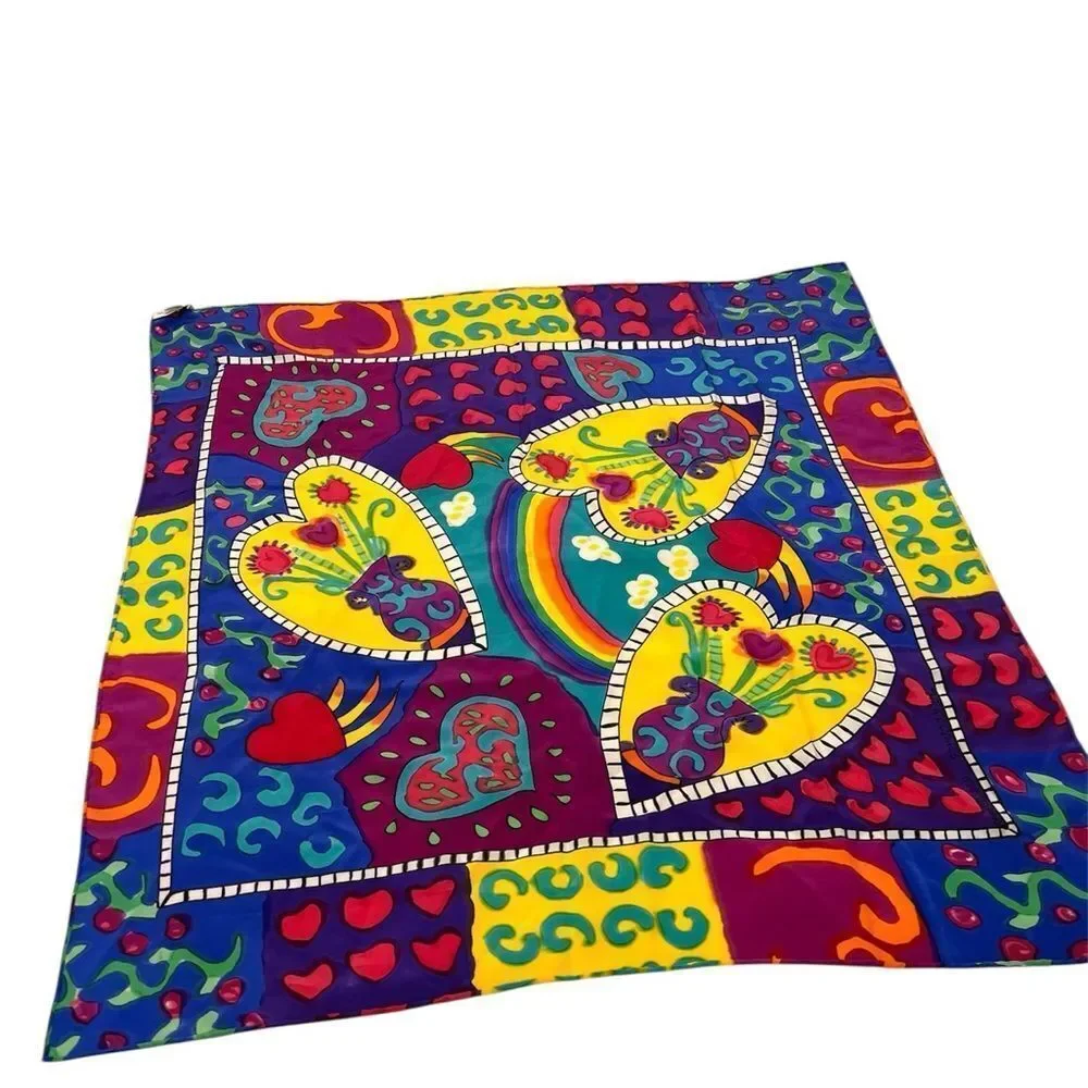 SILKSCAPES Silk Hand Painted Colorful Heart Pattern Scarf 35” X 34”